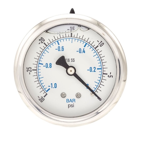 Pro 2 1/2 in Dial, 30/0 in Hg Vac PSI & Bar, 1/4 in NPT, Back Mount Glycerin Filled Pressure Gauge PRO-302L-254A-01